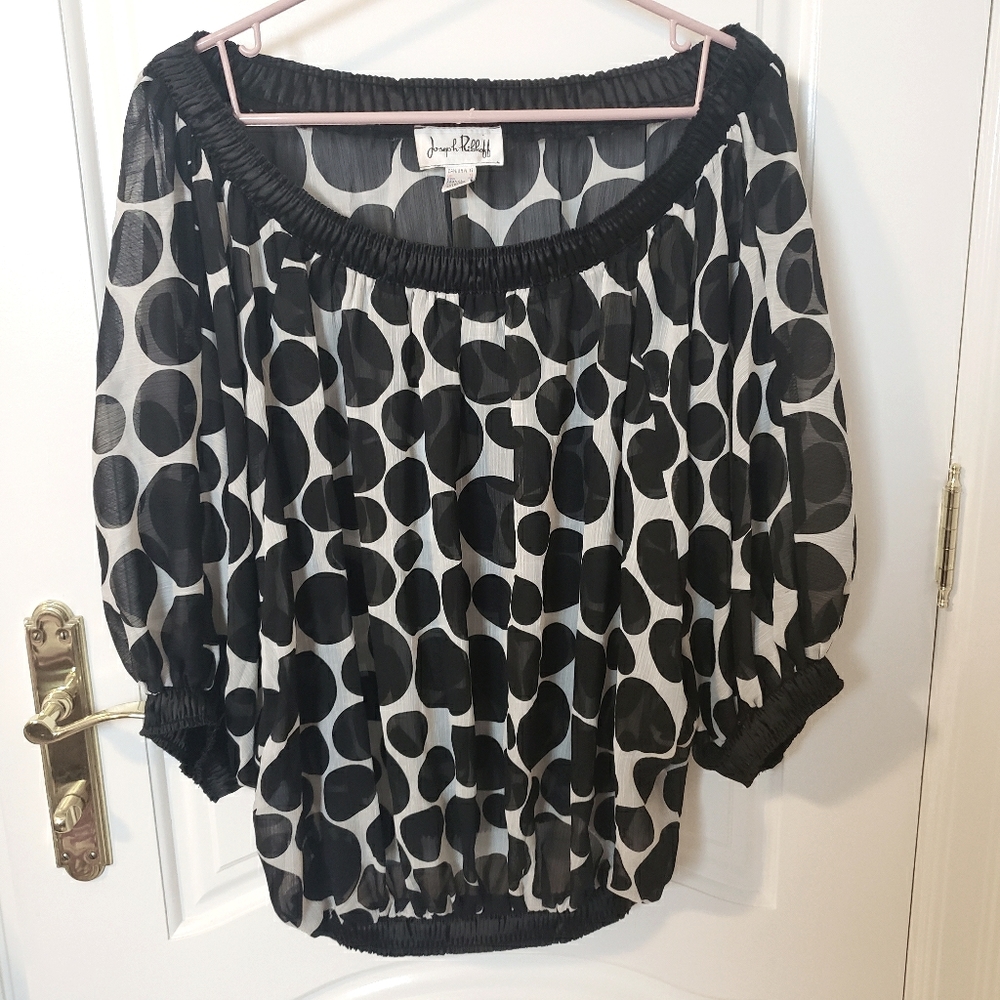 Joseph Ribkoff Polka Dot Sheer Off the Shoulder Blouse